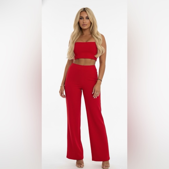 Red co-ord two piece pantsuit set, crop top and flare pants in size small - Picture 1 of 6